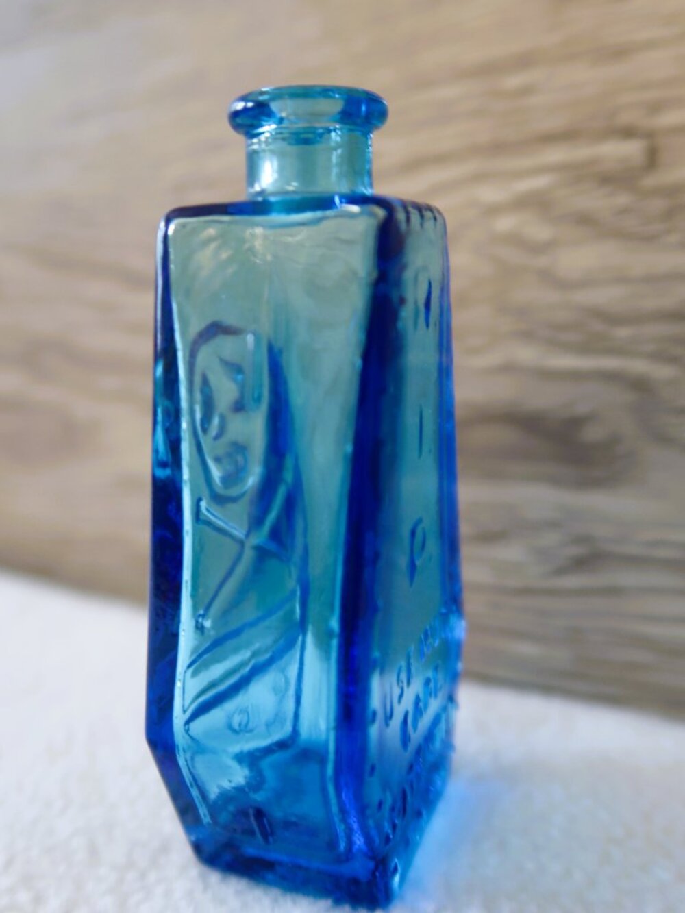 Vintage Cobalt Blue Embossed Glass Bottle "Use With Care" Patented Portrait 3in - Picture 5 of 11